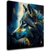 Art deko slika na platnu s motivom PREMIUM ART - Wilderness in Wolf Eyes, vlk u plavo-zlatnih nijansama, intenzivna atmosfera, pogodan za radne sobe – glavna