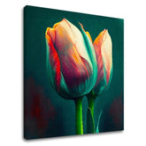 Pop art slika na platnu s motivom DAH PROLJEĆA NA ZIDU, tulipani, cvijeće, priroda u plavo-narandžastih nijansama, elegantna atmosfera, pogodan za kuhinje – glavna