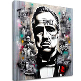 U boho stilu slika na platnu s motivom The Godfather - Mafiánsky Boss, mapa u bijelo-sivih nijansama, snaga i moć i filmski svijet, pogodan za kancelarije – glavna
