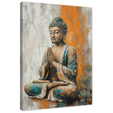 Slika Bude u meditativnoj pozi sa sklopljenim rukama na platnu – 3D vizualizacija sa vidljivim drvenim ramom, Papilora Premium Art.