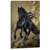 Slika crni konj u galopu na platnu — 3D vizualizacija canvasa sa vidljivim drvenim ramom, Papilora Premium Art.