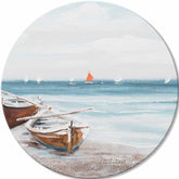 U boho stilu slika na platnu s motivom okean, plaža, nebo, pejzaž, more i plaža u bijelo-bežih nijansama, mirna atmosfera, pogodan za spavaće sobe – glavna