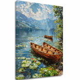 Pop art slika na platnu s motivom Romantika vo dvojici, jezero, planine, nebo u bijelo-smeđih nijansama, mirna atmosfera, priroda, pogodan za dnevnog boravka – glavna