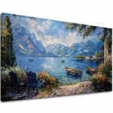 Art deko slika na platnu s motivom Prístav v horách, planine, jezero, cvijeće u bijelo-plavih nijansama, mirna atmosfera, priroda, pogodan za dnevnog boravka – glavna