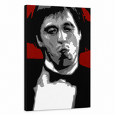 Ručno oslikana POP Art slika AL PACINO 1 komad al12 – 3D vizualizacija ručno oslikanog platna na bijeloj pozadini. Dominantne boje: crvena, crna, siva, bijela.
