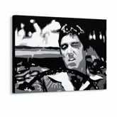 Ručno oslikana POP Art slika AL PACINO 1 komad al13 – 3D vizualizacija ručno oslikanog platna na bijeloj pozadini. Dominantne boje: crna, bijela, siva.