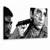 Ručno oslikana POP Art slika AL PACINO 1 komad al20 – 3D vizualizacija ručno oslikanog platna na bijeloj pozadini. Dominantne boje: crna, bijela, siva.