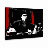 Ručno oslikana POP Art slika AL PACINO 1 komad al30 – 3D vizualizacija ručno oslikanog platna na bijeloj pozadini. Dominantne boje: crna, crvena, siva, bijela.