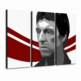 Ručno oslikana POP Art slika AL PACINO 6-dijelna al6 – 3D vizualizacija ručno oslikanog platna na bijeloj pozadini. Dominantne boje: crna, crvena, bijela.