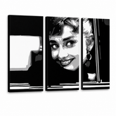 Ručno oslikana POP Art slika Audrey HEPBHURN 3 dijela ah1 – 3D vizualizacija ručno oslikanog platna na bijeloj pozadini. Dominantne boje: crna, bijela, siva.