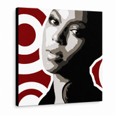 Ručno oslikana POP Art slika BEYONCÉ 1 komad bey3 – 3D vizualizacija ručno oslikanog platna na bijeloj pozadini. Dominantne boje: crna, crvena, smeđa, bijela, siva.
