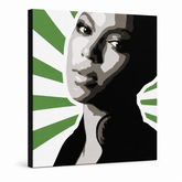 Ručno oslikana POP Art slika BEYONCÉ 1 komad bey4 – 3D vizualizacija ručno oslikanog platna na bijeloj pozadini. Dominantne boje: zelena, crna, siva, bijela, roza.