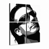 Ručno oslikana POP Art slika Bono-U2 od 4 dijela bono2 – 3D vizualizacija ručno oslikanog platna na bijeloj pozadini. Dominantne boje: crna, bijela, siva.