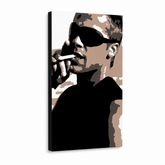 Ručno oslikana POP Art slika Brad Pitt 1 komad bp – 3D vizualizacija ručno oslikanog platna na bijeloj pozadini. Dominantne boje: crna, smeđa, bijela.