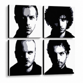 Ručno oslikana POP Art slika Coldplay 4-dijelni cp – 3D vizualizacija ručno oslikanog platna na bijeloj pozadini. Dominantne boje: crna, bijela, siva.