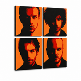 Ručno oslikana POP Art slika Coldplay 4 komada cp2 – 3D vizualizacija ručno oslikanog platna na bijeloj pozadini. Dominantne boje: crna, narandžasta, crvena.