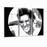 Ručno oslikana POP Art slika ELVIS 3 dijela el2 – 3D vizualizacija ručno oslikanog platna na bijeloj pozadini. Dominantne boje: crna, bijela, žuta.