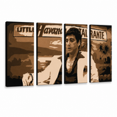 Ručno oslikana POP Art slika HAVANA - AL PACINO 4 dijela al17 – 3D vizualizacija ručno oslikanog platna na bijeloj pozadini. Dominantne boje: smeđa, bež, crna.