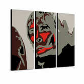 Ručno oslikana POP Art slika Ian Brown, 3 dijela, IBB – 3D vizualizacija ručno oslikanog platna na bijeloj pozadini. Dominantne boje: crna, crvena, siva, smeđa, bijela.
