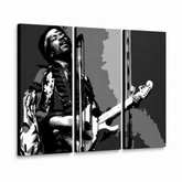 Ručno oslikana POP Art slika Jimmy Hendrix 3 dijela jh – 3D vizualizacija ručno oslikanog platna na bijeloj pozadini. Dominantne boje: crna, bijela, siva.