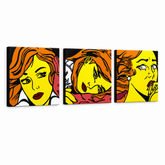 Ručno oslikana POP Art slika LICHTENSTEIN 3 dijela li7 – 3D vizualizacija ručno oslikanog platna na bijeloj pozadini. Dominantne boje: žuta, crna, narandžasta.
