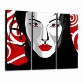 Ručno oslikana POP Art slika Lijepa ŽENA od 3 dijela nwoman – 3D vizualizacija ručno oslikanog platna na bijeloj pozadini. Dominantne boje: crna, crvena, bijela.