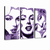 Ručno oslikana POP Art slika Marilyn MONROE, 3 dijela, mon4 – 3D vizualizacija ručno oslikanog platna na bijeloj pozadini. Dominantne boje: ljubičasta, bijela, crna.
