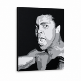 Ručno oslikana POP Art slika Muhamad Ali 1 komad ali – 3D vizualizacija ručno oslikanog platna na bijeloj pozadini. Dominantne boje: crna, siva, bijela.