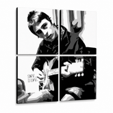 Ručno oslikana POP Art slika Paul Weller, 4 dijela – 3D vizualizacija ručno oslikanog platna na bijeloj pozadini. Dominantne boje: crna, bijela, siva.