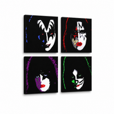Ručno oslikana POP Art slika Poljubac Poljubac od 4 dijela – 3D vizualizacija ručno oslikanog platna na bijeloj pozadini. Dominantne boje: crna, bijela, crvena, zelena, ljubičasta.