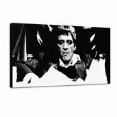 Ručno oslikana POP Art slika Scarface 1 dio smk – 3D vizualizacija ručno oslikanog platna na bijeloj pozadini. Dominantne boje: crna, bijela, siva.