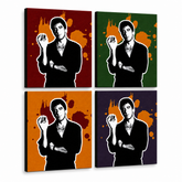 Ručno oslikana POP Art slika Scarface - AL PACINO 4 dijela al36 – 3D vizualizacija ručno oslikanog platna na bijeloj pozadini. Dominantne boje: crna, narandžasta, crvena, zelena, ljubičasta.
