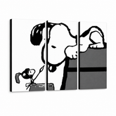 Ručno oslikana POP Art slika SNOOPY 3 dijela snoopy3 – 3D vizualizacija ručno oslikanog platna na bijeloj pozadini. Dominantne boje: crna, bijela, siva.