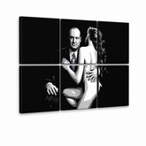 Ručno oslikana POP Art slika SOPRANOSA, 6 dijelova, sop2 – 3D vizualizacija ručno oslikanog platna na bijeloj pozadini. Dominantne boje: crna, bijela, plava.