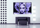 Pop art slika na platnu s motivom MADONNA, cigara, priroda, životinja u ljubičasto-crnih nijansama okačena u enterijeru dnevnog boravka, slava i ikonografija – enterijer