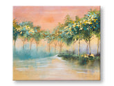 Ručno slikan slika na platnu s motivom drveće, stazica, nebo, izmaglica, pejzaž u plavo-ružičastih nijansama, mirna atmosfera, pogodan za kuhinje – glavna