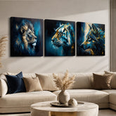 Set Wild Kingdom u modernoj dnevnoj sobi – tri slike Lav Tigar Vuk iznad sofe u elegantnom interijeru Papilora