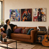 Set od 3 slike Rock Legends iznad sofe u dnevnom boravku – Freddie Mercury, Elvis Presley, Jimi Hendrix – Papilora