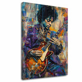Moderan slika na platnu s motivom Jimi Hendrix - Gitara v plameňoch u ljubičasto-bijelih nijansama, energična atmosfera, kreativnost | Slika Jimi Hendrix - Gitara v plameňoch – glavna