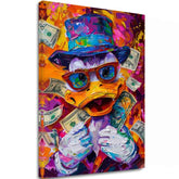Moderan slika na platnu s motivom Money Duck, naočale u narandžasto-ljubičastih nijansama, energična atmosfera, pop kultura | Slika Money Duck – glavna