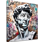 Pop art slika na platnu s motivom Rebel David, grafiti u bijelo-plavih nijansama | Slika na platnu - Rebel David, zidna dekoracija – glavna