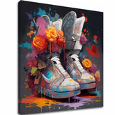 U boho stilu slika na platnu s motivom My Dream Shoes, cvijeće, priroda, sportski motiv u višebojnih nijansama, živahna atmosfera, pogodan za dnevnog boravka – glavna