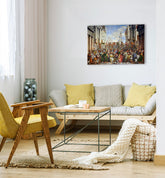 Pop art slika na platnu s motivom Paolo Veronese - Svadba v Káne Galilejskej u plavo-zelenih nijansama, svečana atmosfera, pogodan za kuhinje – glavna