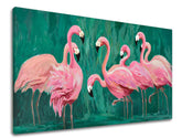 Pop art slika na platnu s motivom PLAMENIAKY, ptice u ružičasto-zelenih nijansama, razigrana atmosfera, tropski raj i priroda, pogodan za dnevnog boravka – proizvod
