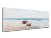 U boho stilu slika na platnu s motivom PLAŽA, okean, pejzaž, more i plaža u bijelo-bežih nijansama, mirna atmosfera, primorski život, pogodan za dnevnog boravka – proizvod