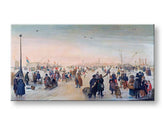 Moderan slika na platnu s motivom Hendrick Avercamp - Zábava na lade v meste, ptice u smeđih nijansama, živahna atmosfera | Slika na platnu Hendrick Avercamp - Zábava na lade v meste – proizvod