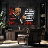 Pop art slika na platnu s motivom The Godfather na platnu, muškarac u odijelu u crno-crvenih nijansama, intenzivna atmosfera, porodica i snaga i moć – proizvod