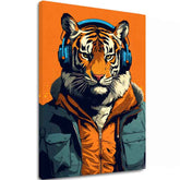 Moderan slika na platnu s motivom Tiger Vibes, tigar, slušalice, sako u narandžasto-plavih nijansama, priroda | Slika Tiger Vibes – glavna