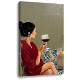 Slika žene sa čašom vina na platnu – 3D vizualizacija sa vidljivim drvenim ramom, Papilora Premium Art.