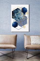 Geometrijski slika na platnu s motivom The Tight Reality u bijelo-plavih nijansama okačena u enterijeru kancelarije, sofisticirana atmosfera, elegancija – enterijer